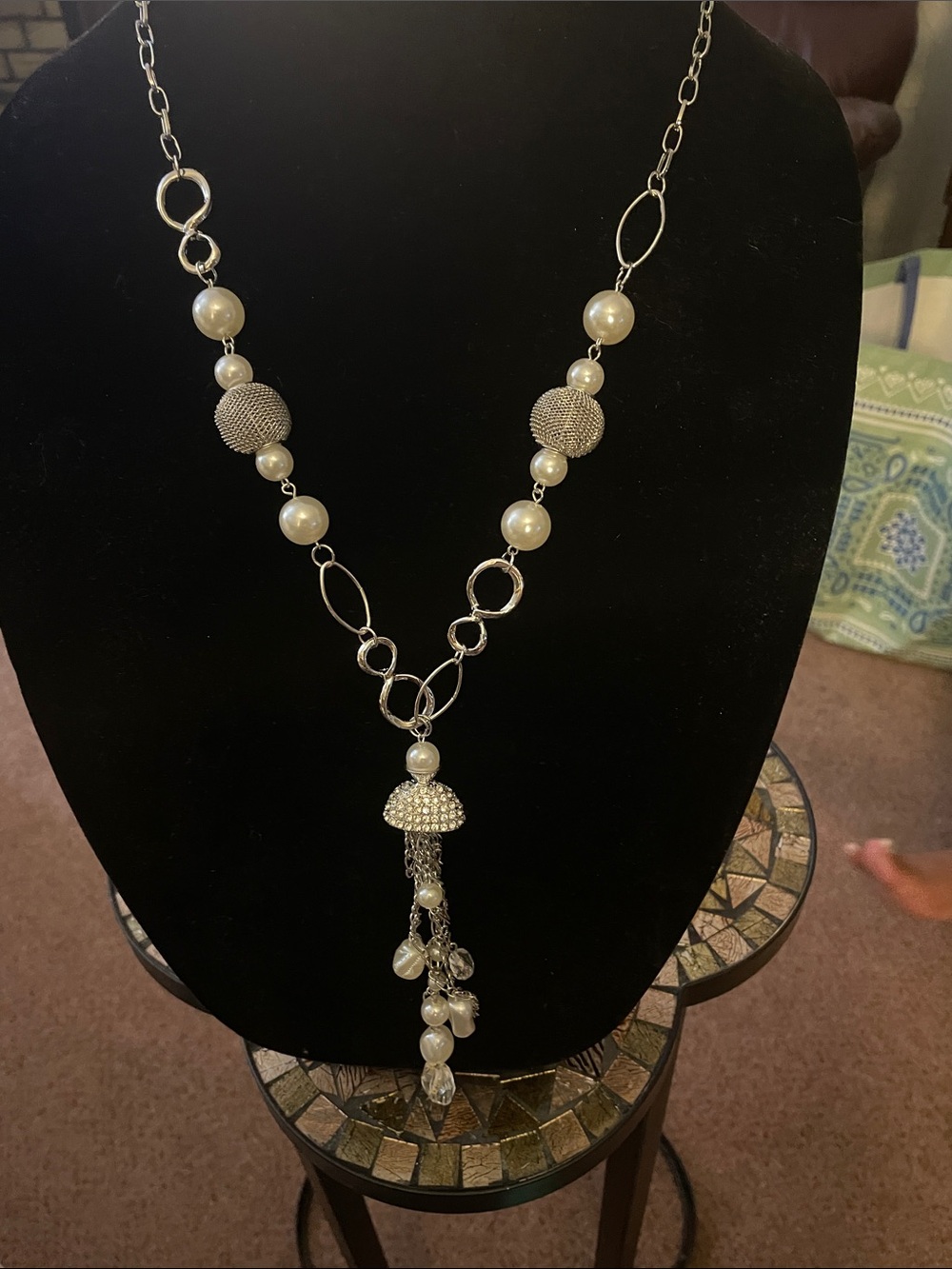 Silver-Tone Pearl Drop Tassel Necklace - Women's Fashion